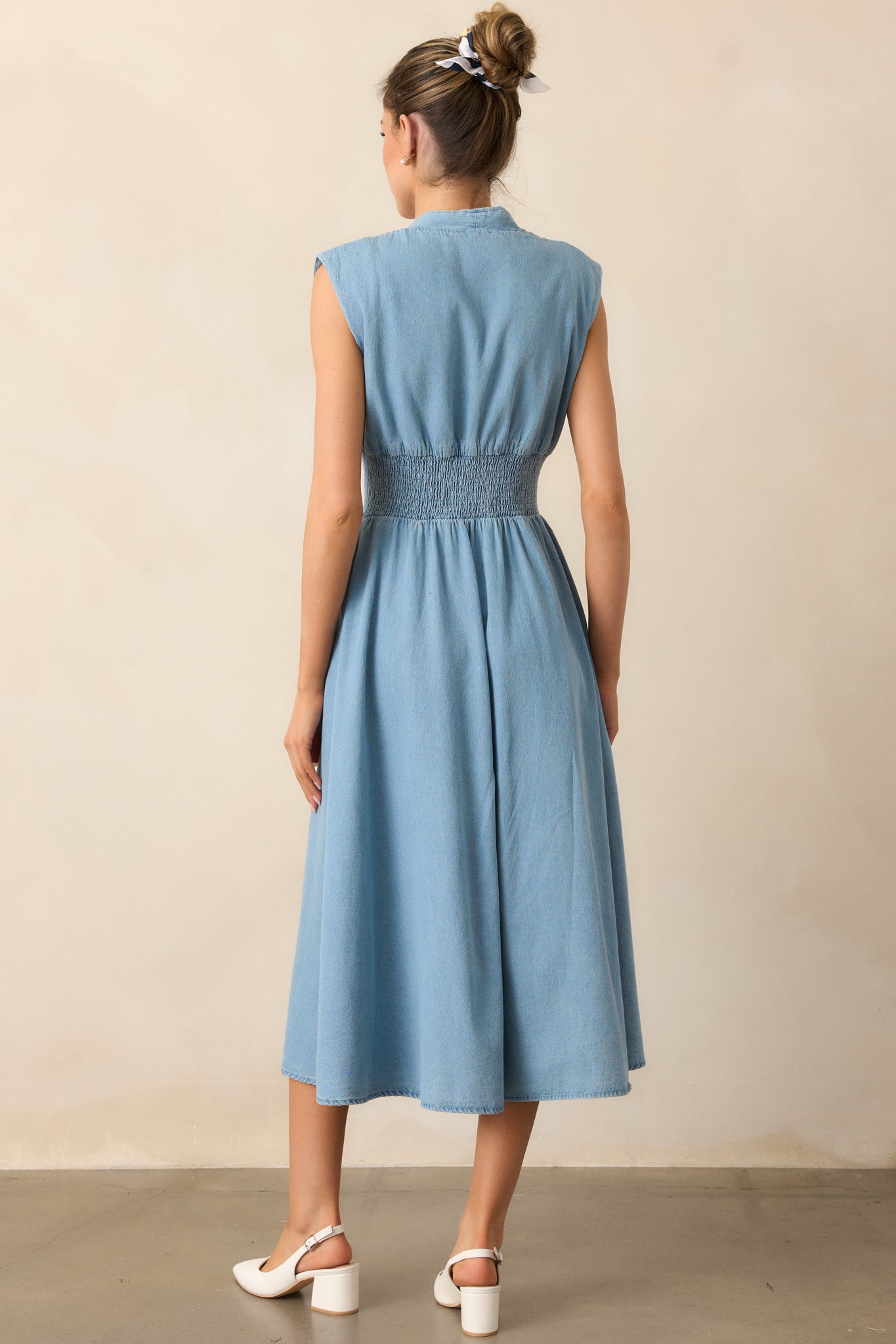 The Evette Light Wash Denim Zip Front Midi Dress