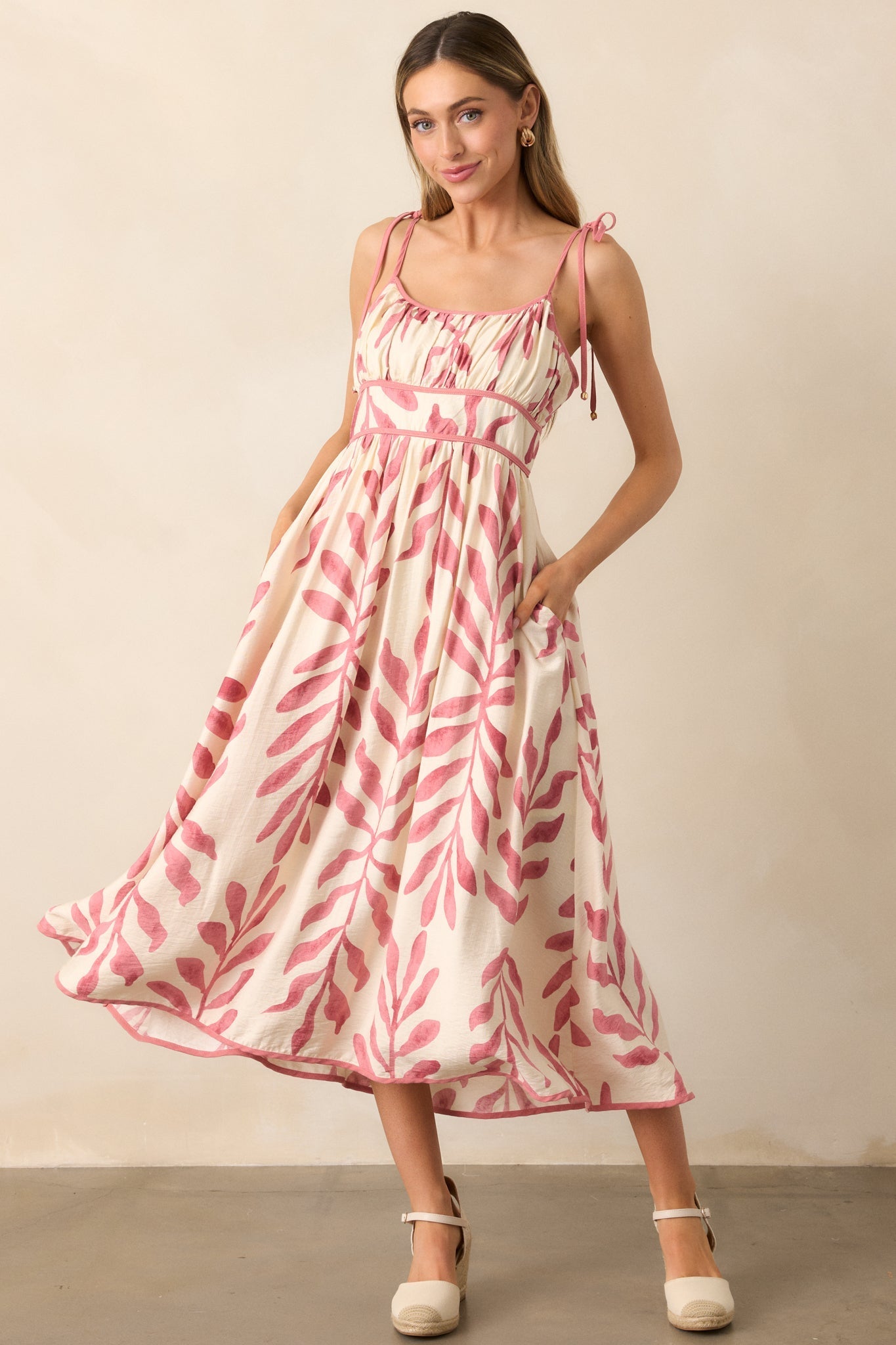Peaceful Palms Pink Tropical Print Midi Dress