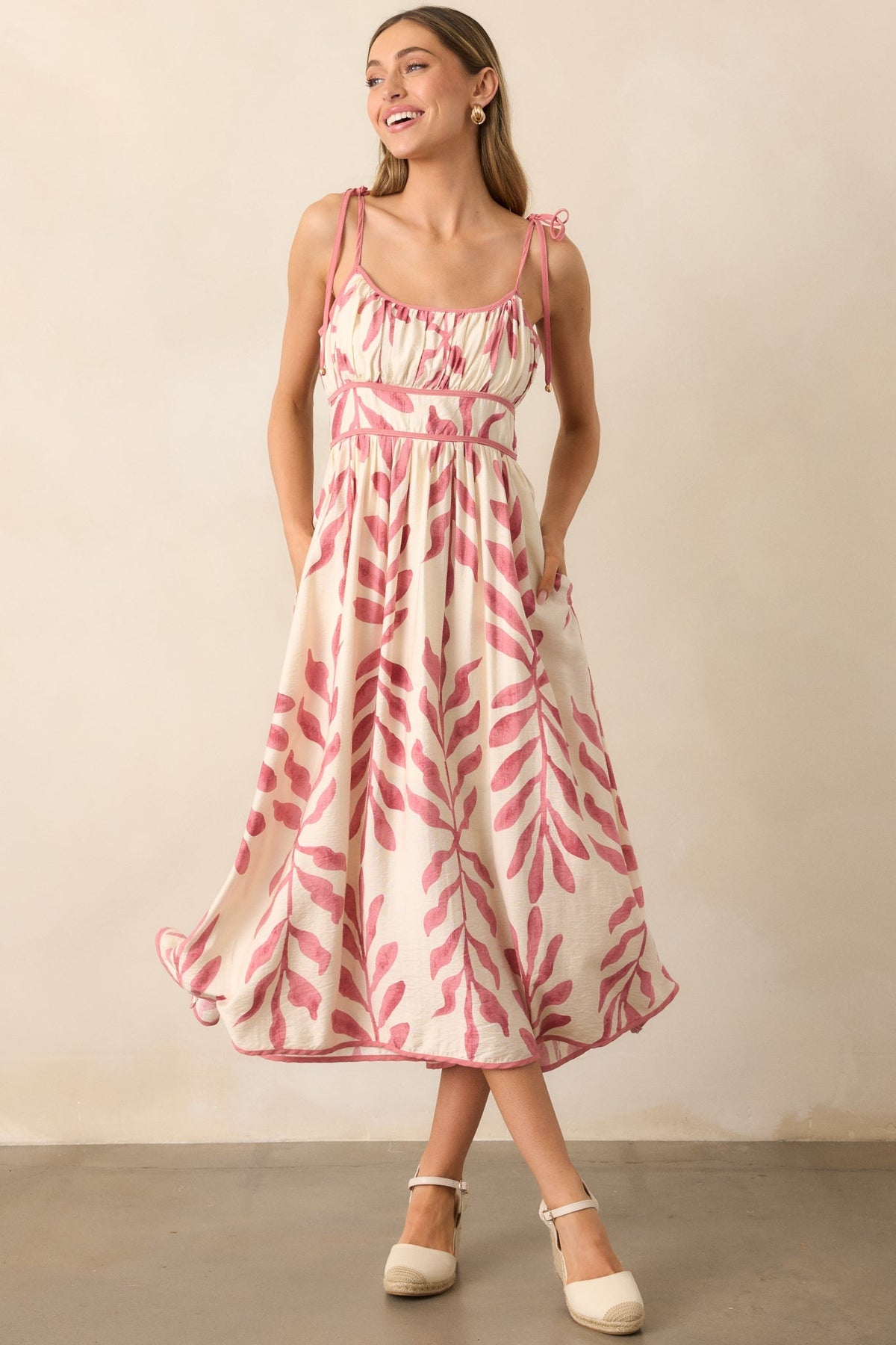 Peaceful Palms Pink Tropical Print Midi Dress