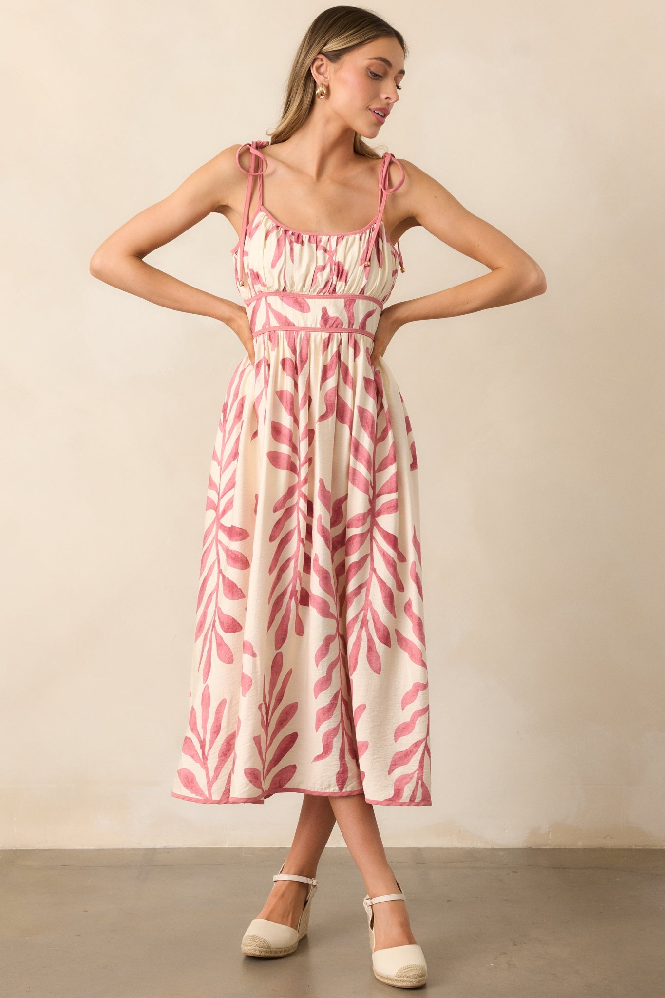 Peaceful Palms Pink Tropical Print Midi Dress