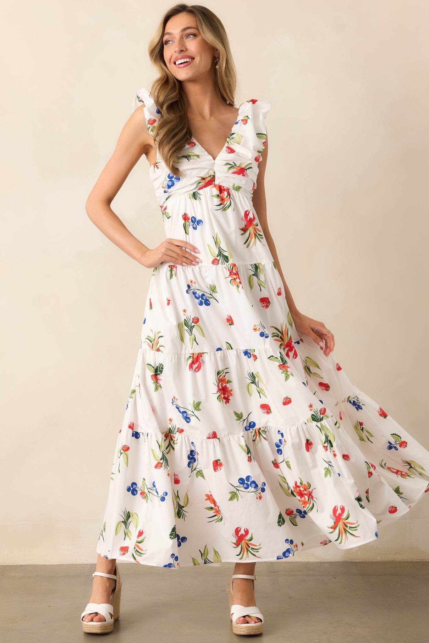 In The Breeze White Cotton Coastal Print Maxi Dress