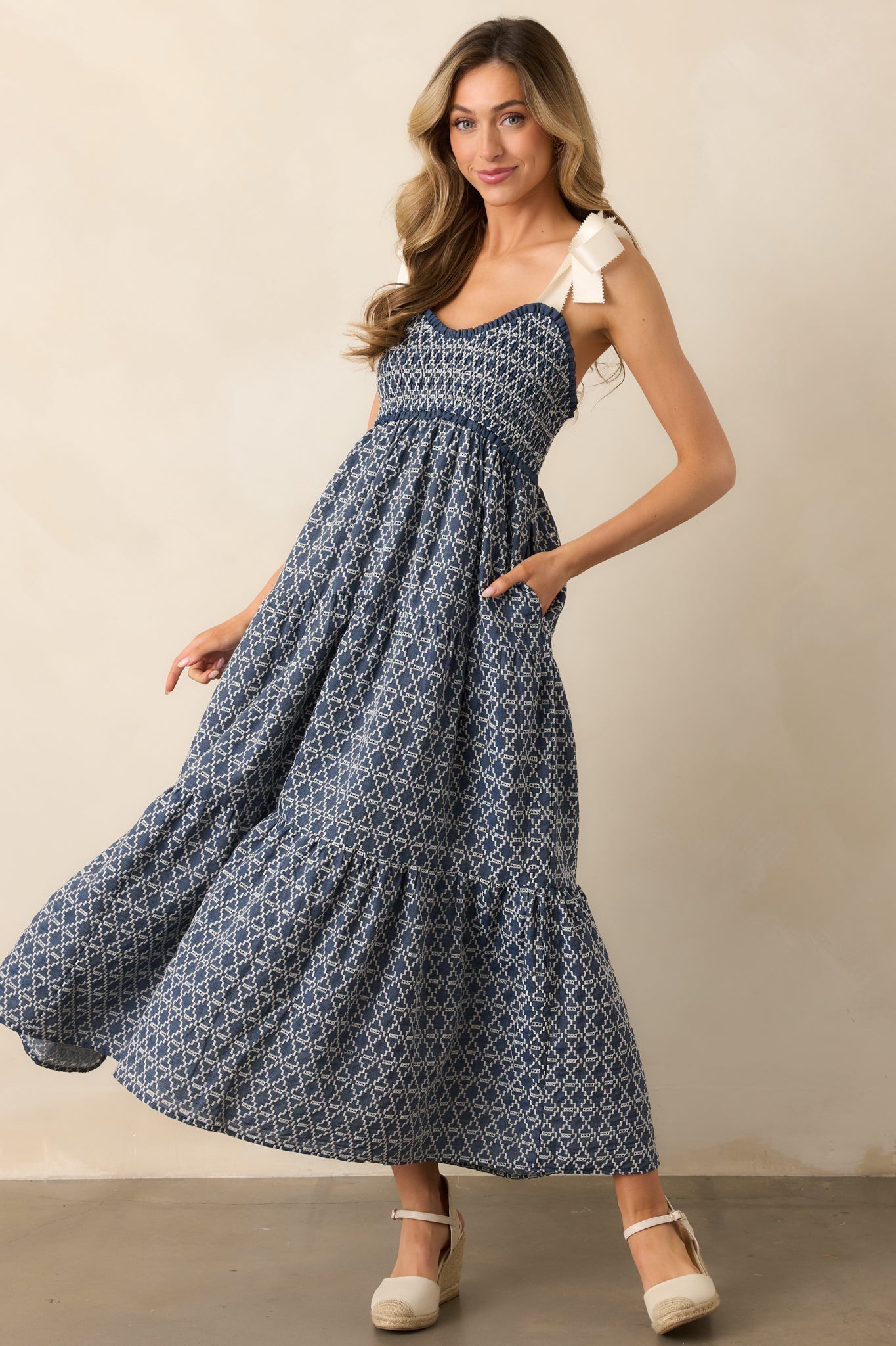 The Felicity Dark Wash Chambray Cotton Embroidered Maxi Dress