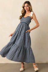 The Felicity Dark Wash Chambray Cotton Embroidered Maxi Dress