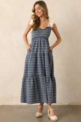 The Felicity Dark Wash Chambray Cotton Embroidered Maxi Dress