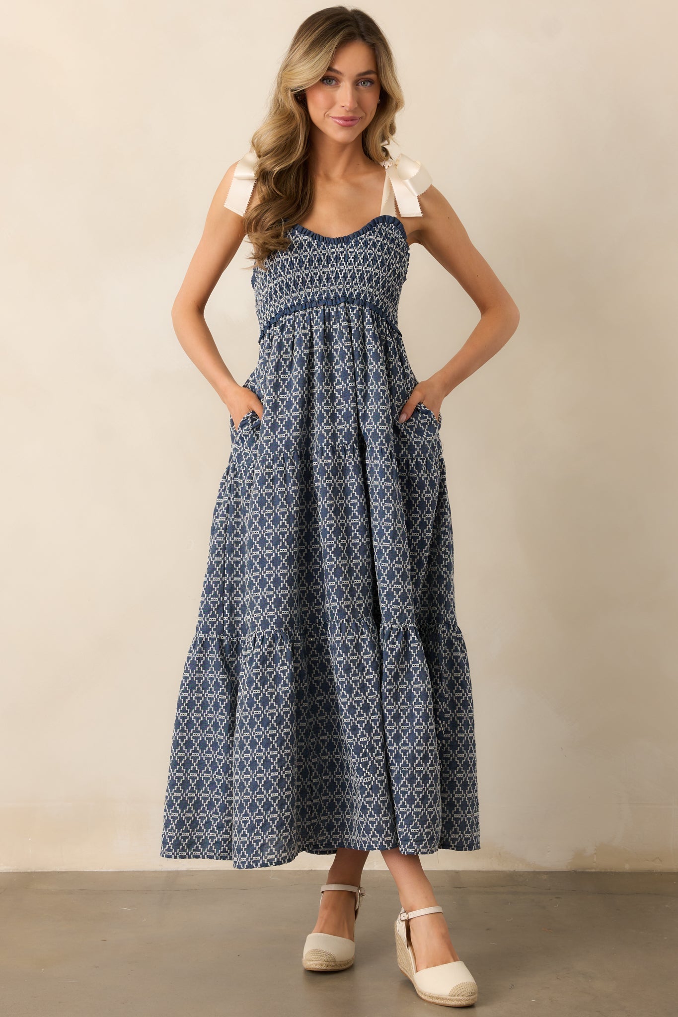 The Felicity Dark Wash Chambray Cotton Embroidered Maxi Dress