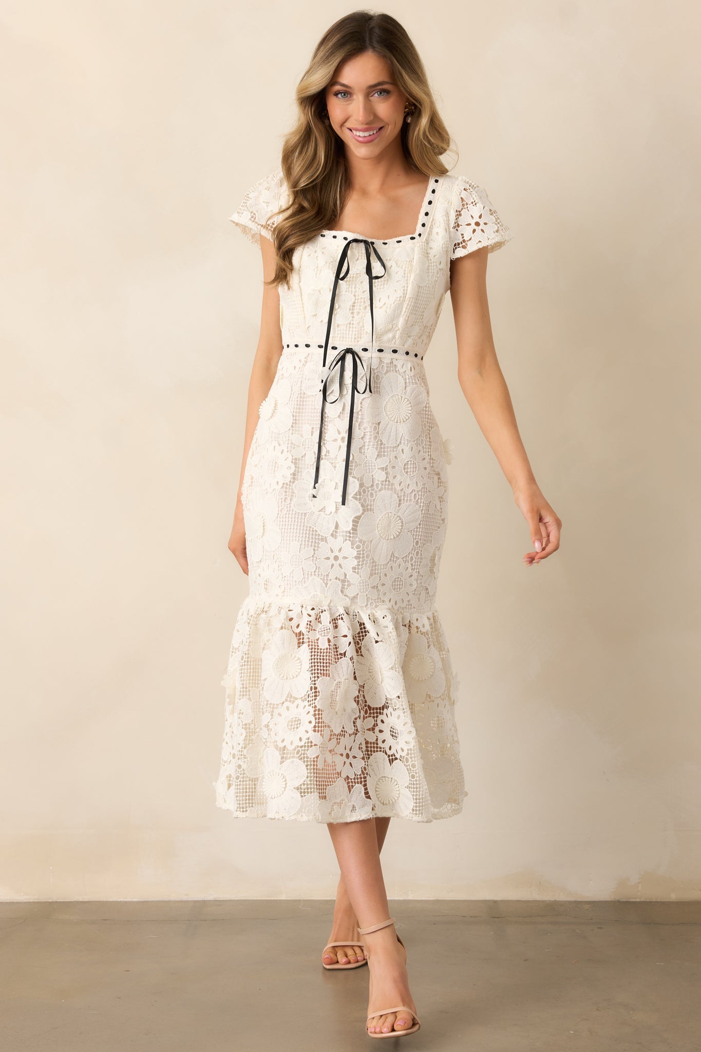 Made You Look Ivory Floral Embroidered Midi Dress