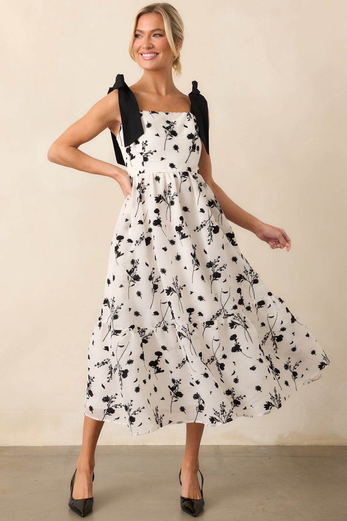 Right On Time Black Floral Embroidered Midi Dress