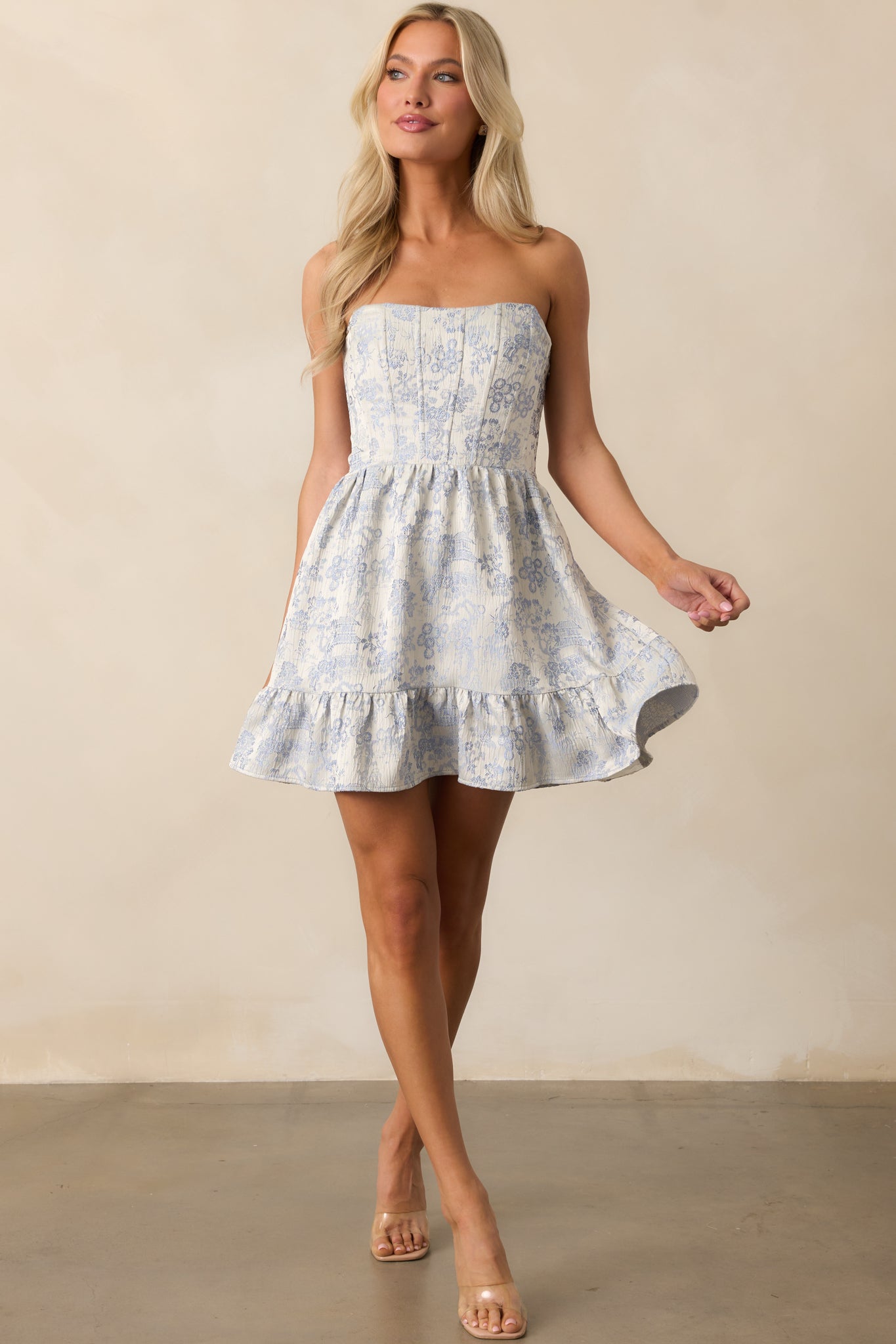 Taking The Lead Light Blue Floral Jacquard Strapless Mini Dress