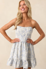 Taking The Lead Light Blue Floral Jacquard Strapless Mini Dress