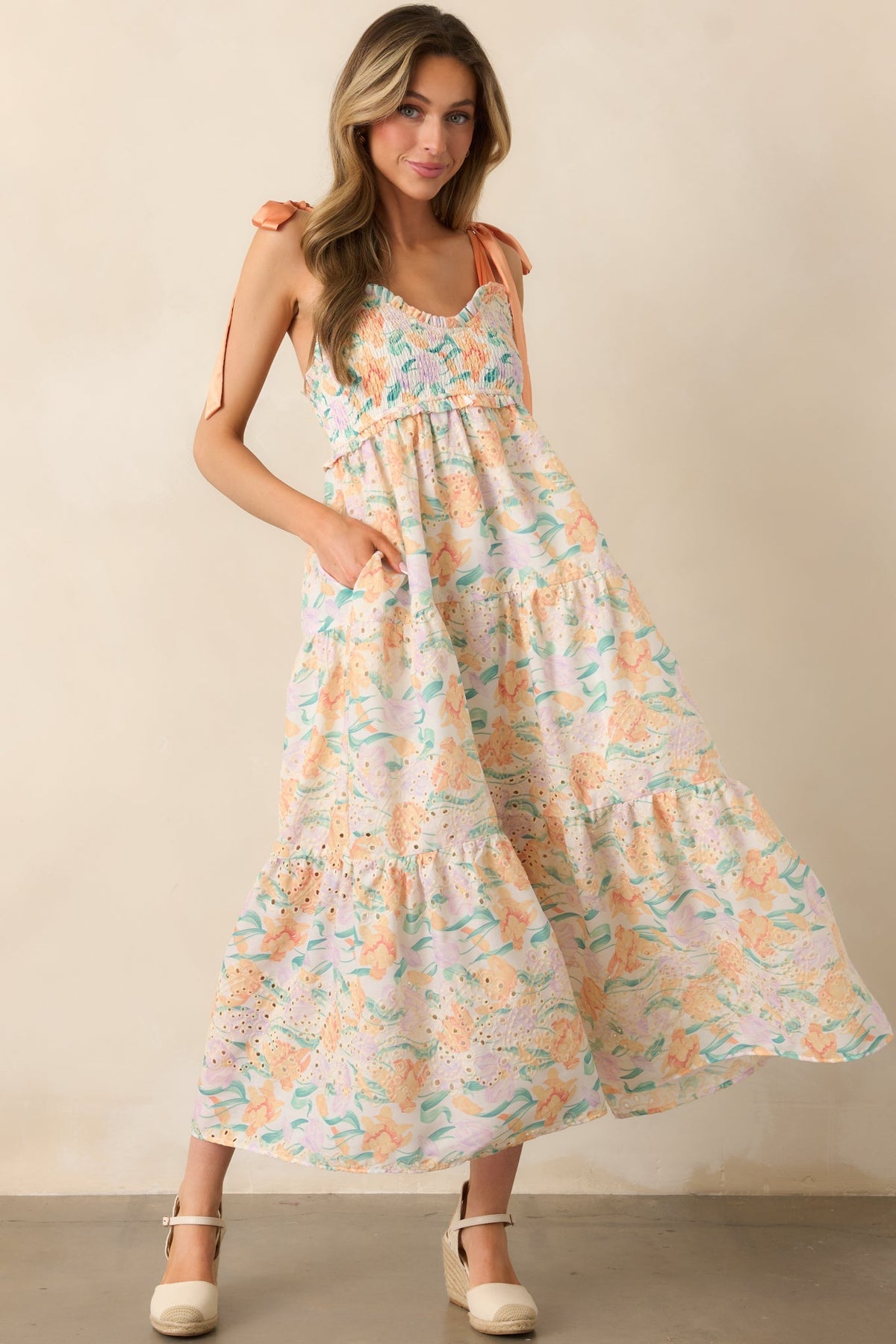 At First Glance Light Orange Embroidered Eyelet Maxi Dress