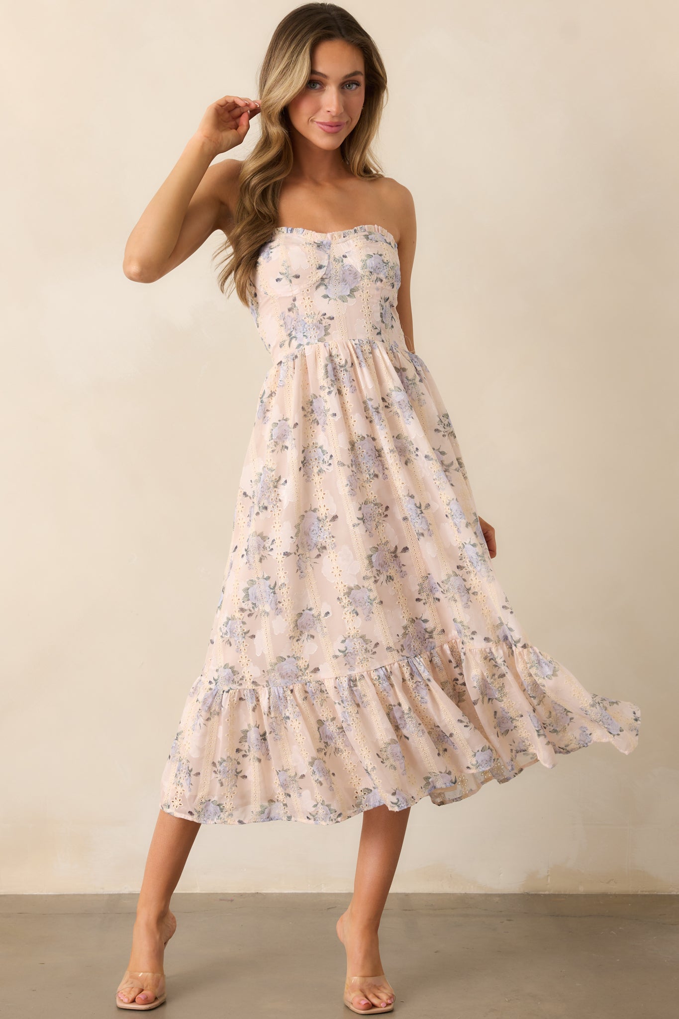 Hidden Gem Periwinkle Floral Embroidered Eyelet Strapless Midi Dress