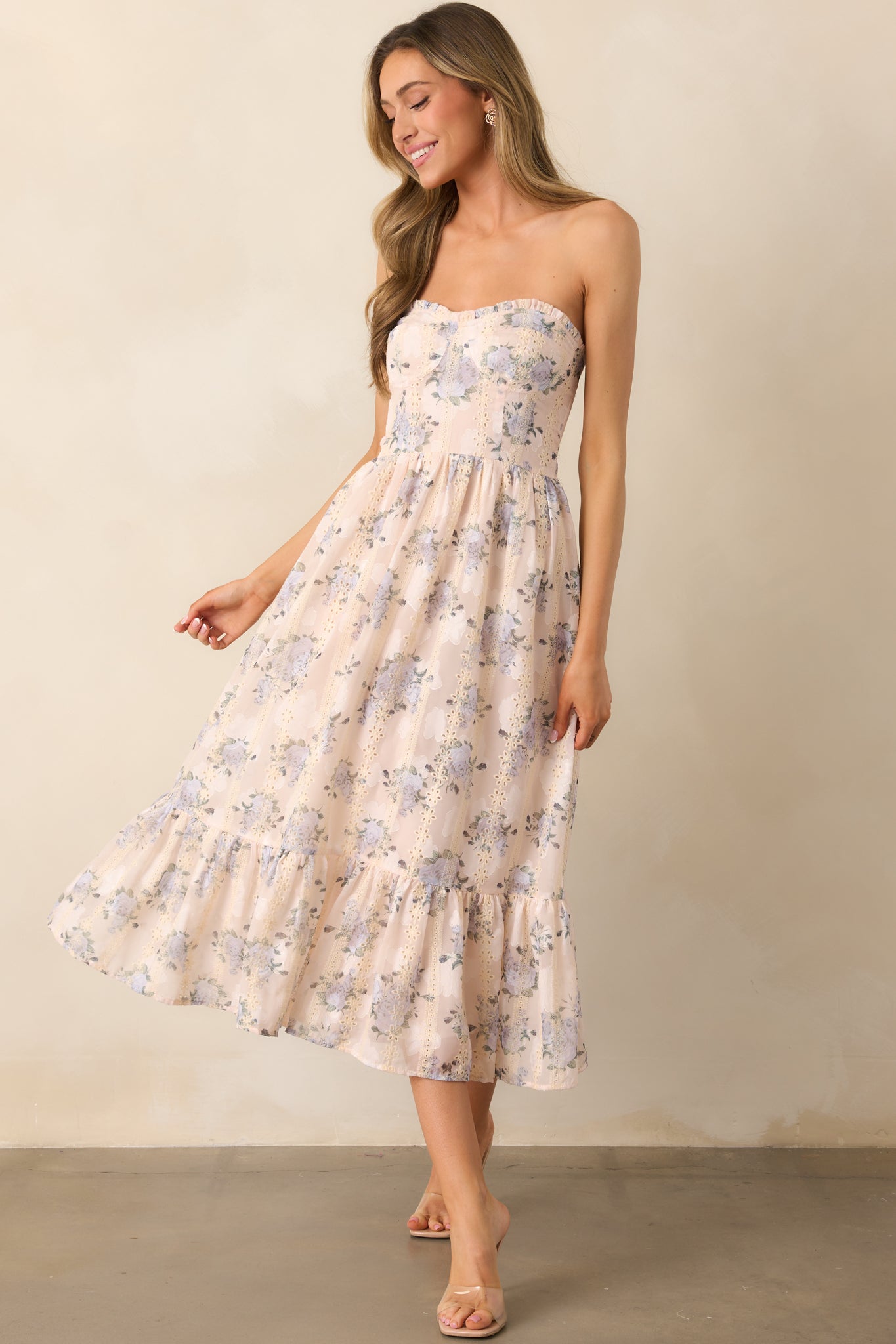 Hidden Gem Periwinkle Floral Embroidered Eyelet Strapless Midi Dress
