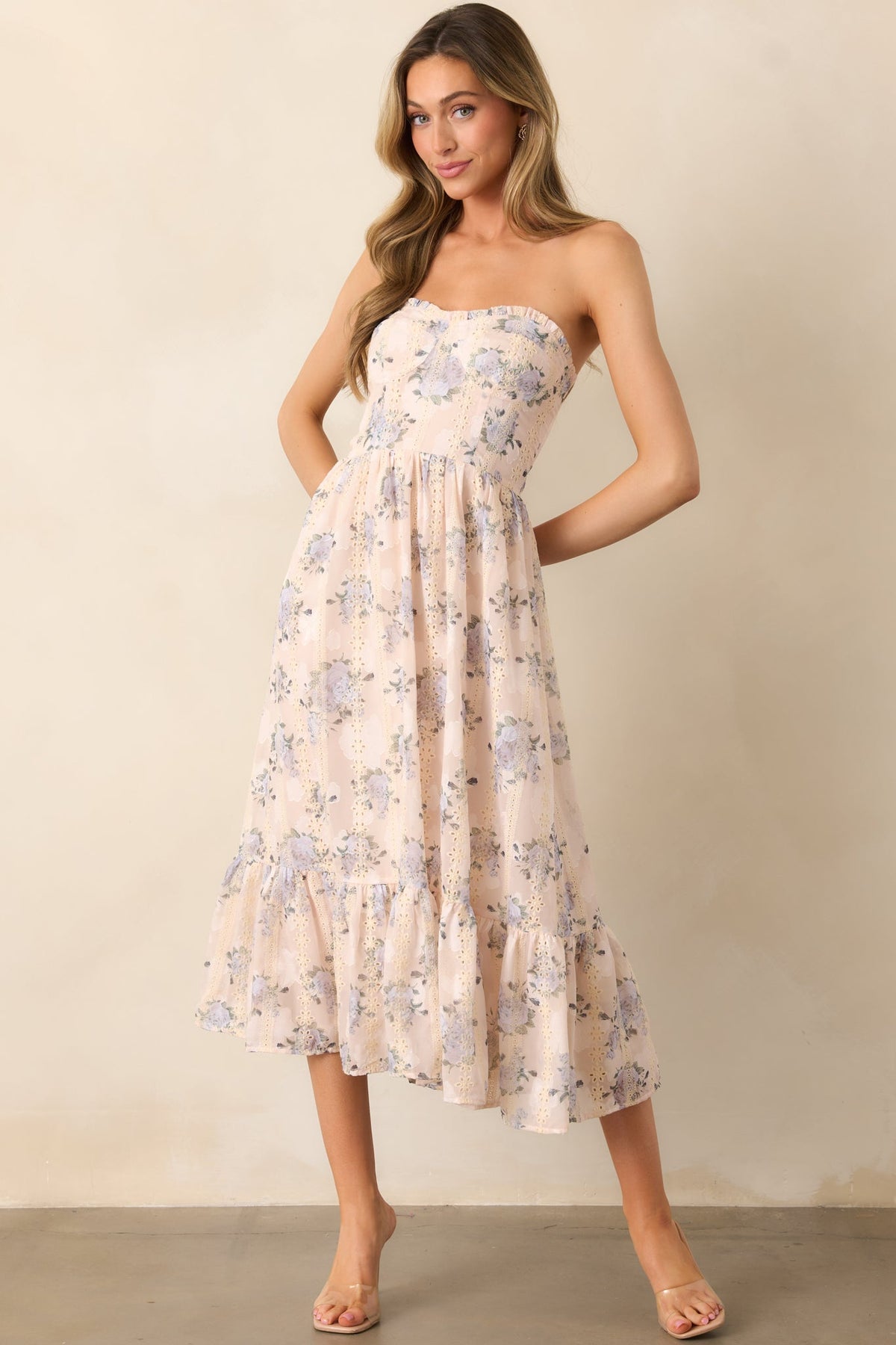 Hidden Gem Periwinkle Floral Embroidered Eyelet Strapless Midi Dress