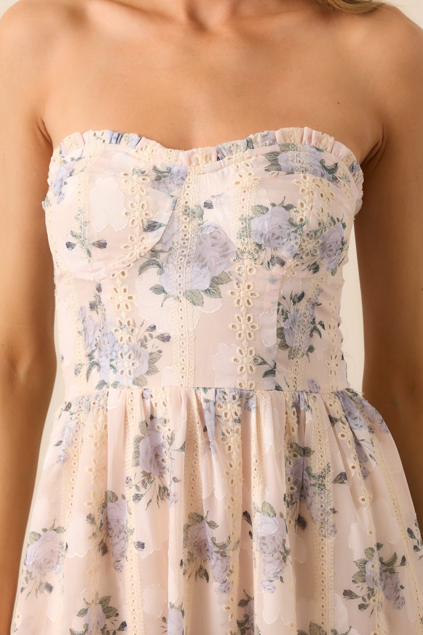 Hidden Gem Periwinkle Floral Embroidered Eyelet Strapless Midi Dress