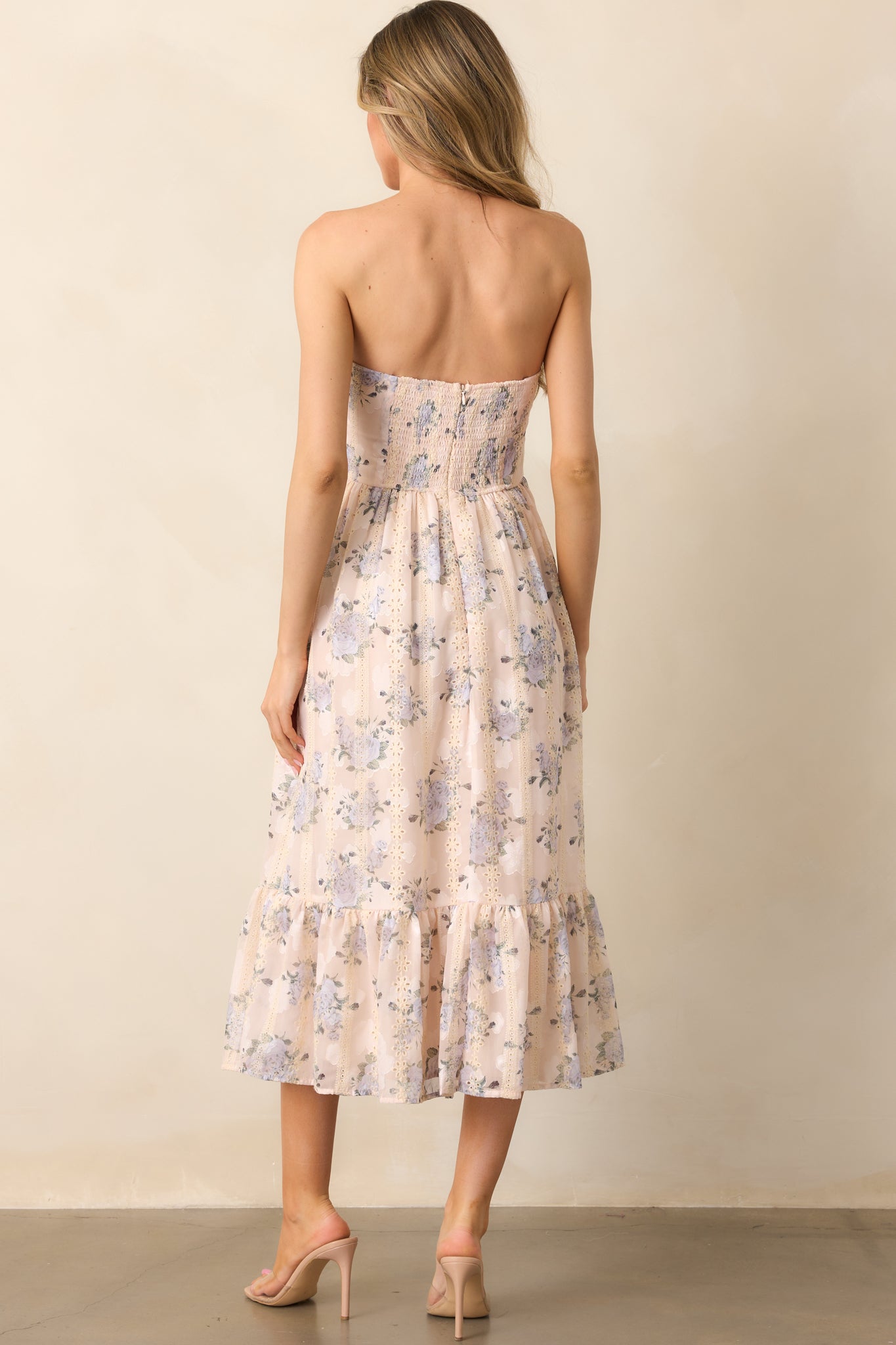 Hidden Gem Periwinkle Floral Embroidered Eyelet Strapless Midi Dress