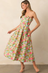 The Genevieve Green Multi Floral Cotton Strapless Midi Dress