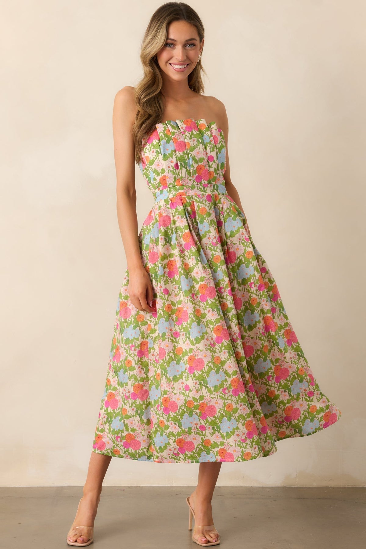 The Genevieve Green Multi Floral Cotton Strapless Midi Dress