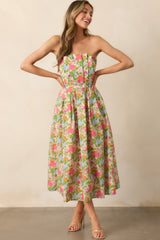 The Genevieve Green Multi Floral Cotton Strapless Midi Dress