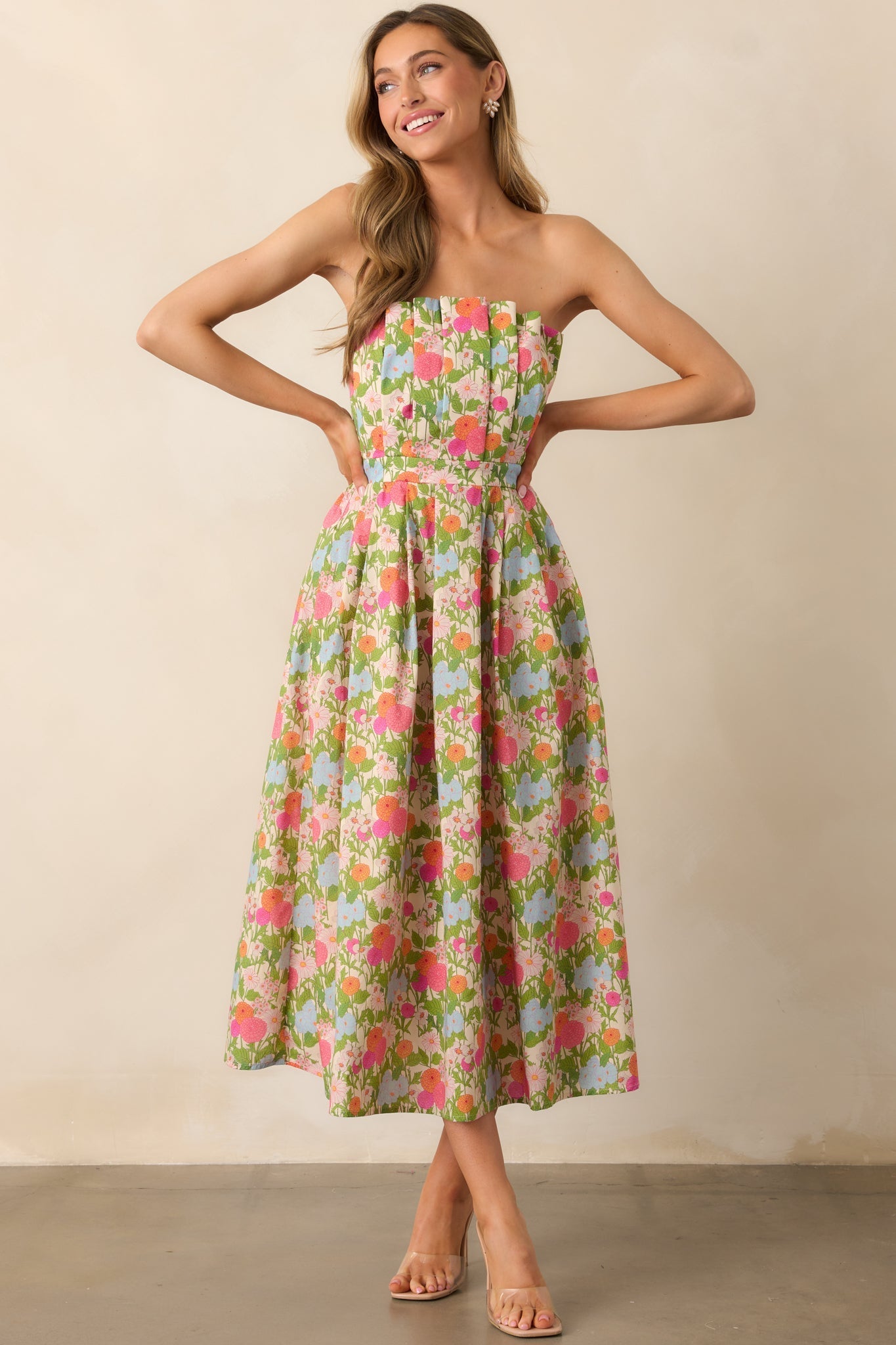 The Genevieve Green Multi Floral Cotton Strapless Midi Dress