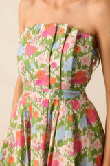 The Genevieve Green Multi Floral Cotton Strapless Midi Dress