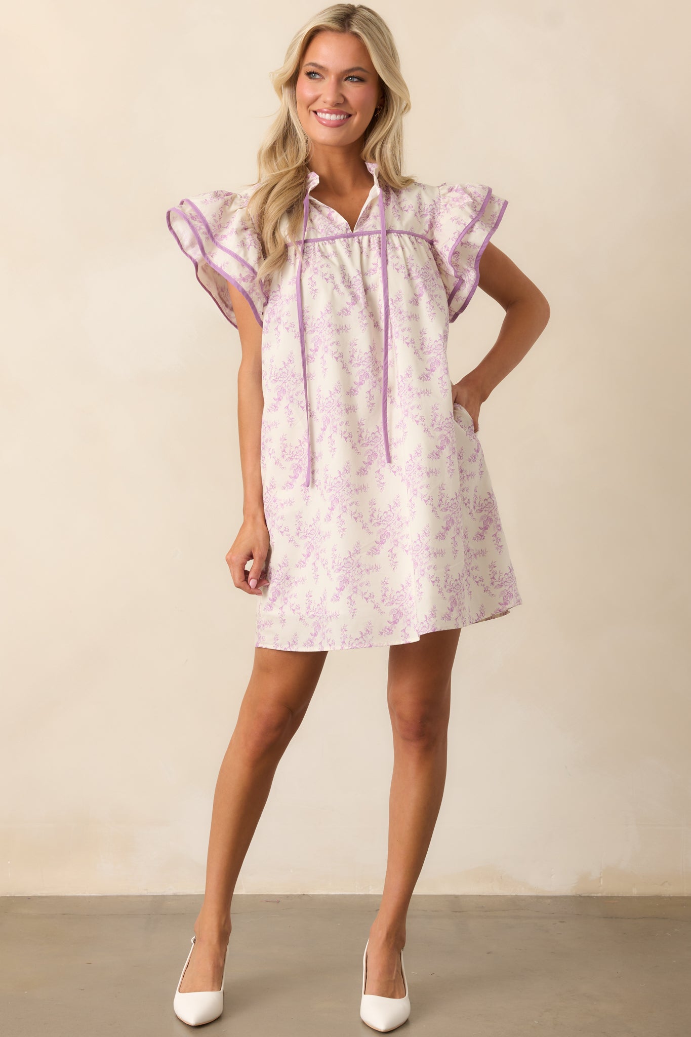 Perfect Timing Cotton Lavender Toile Mini Dress