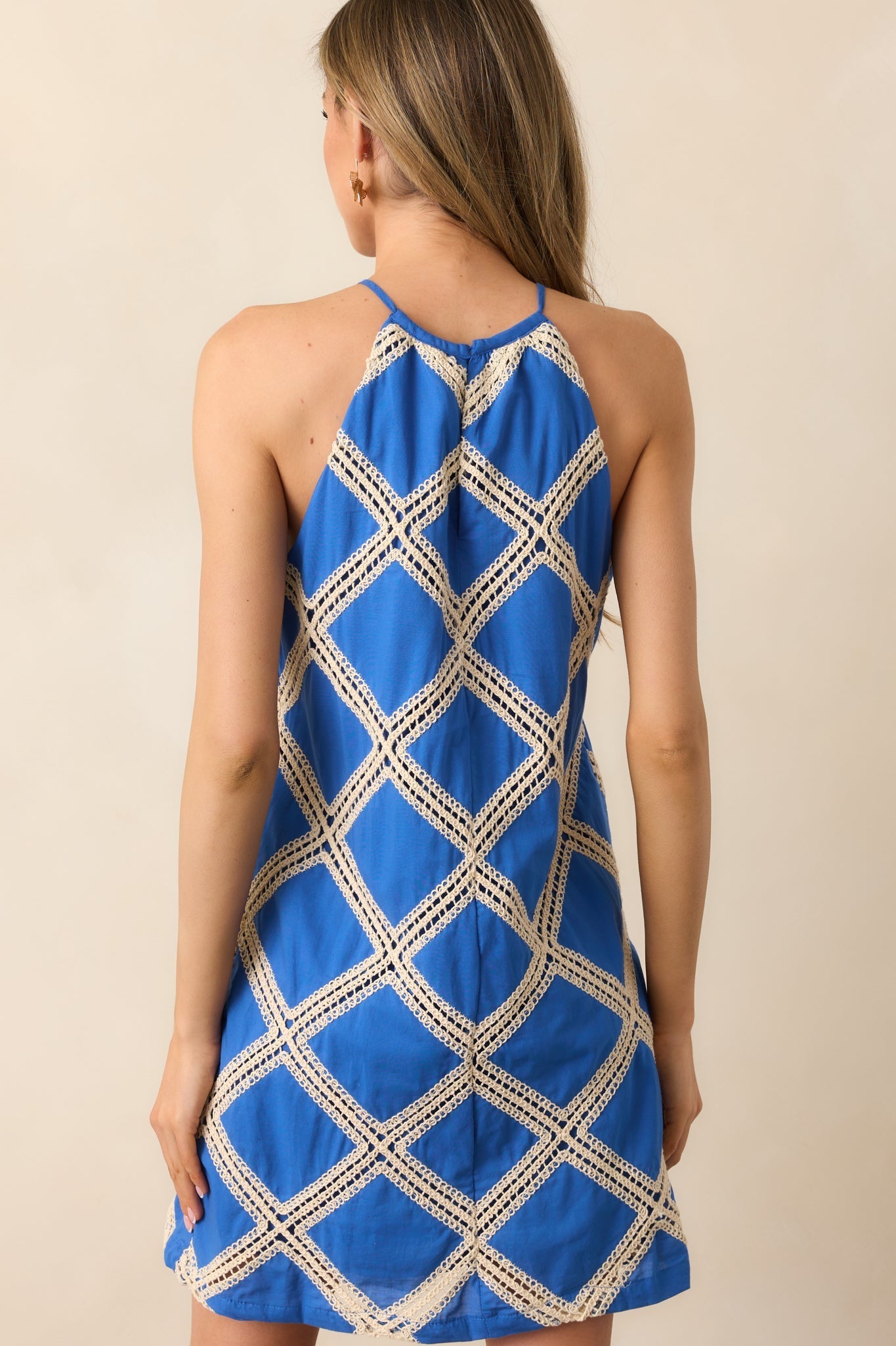 Not So Ordinary Blue Cotton Lace Lattice Halter Mini Dress