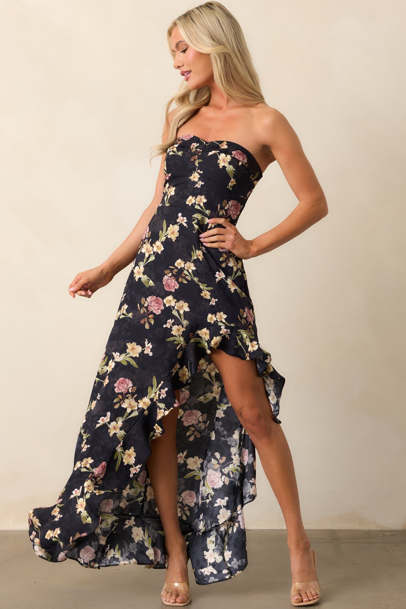 Ever After Deep Navy Floral Jacquard Strapless High Low Dress