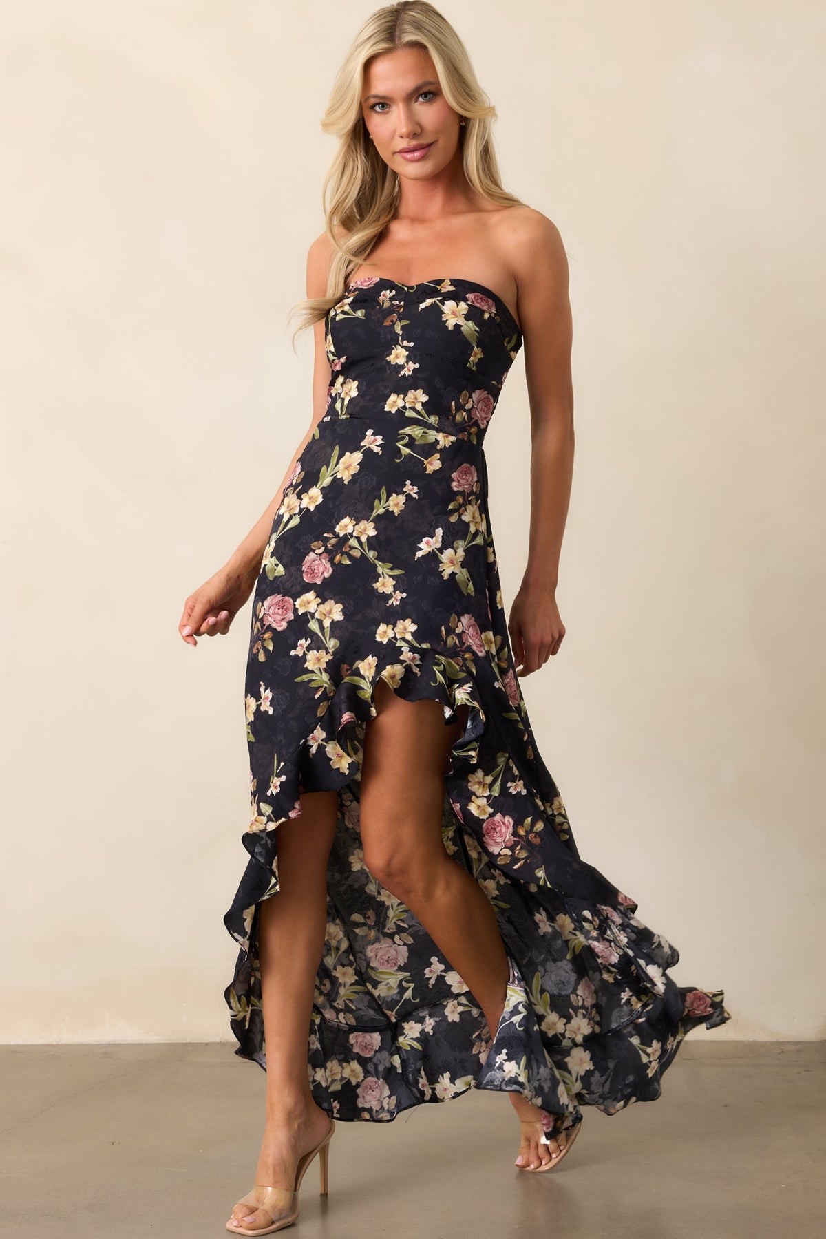 Ever After Deep Navy Floral Jacquard Strapless High Low Dress