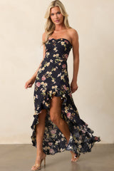 Ever After Deep Navy Floral Jacquard Strapless High Low Dress