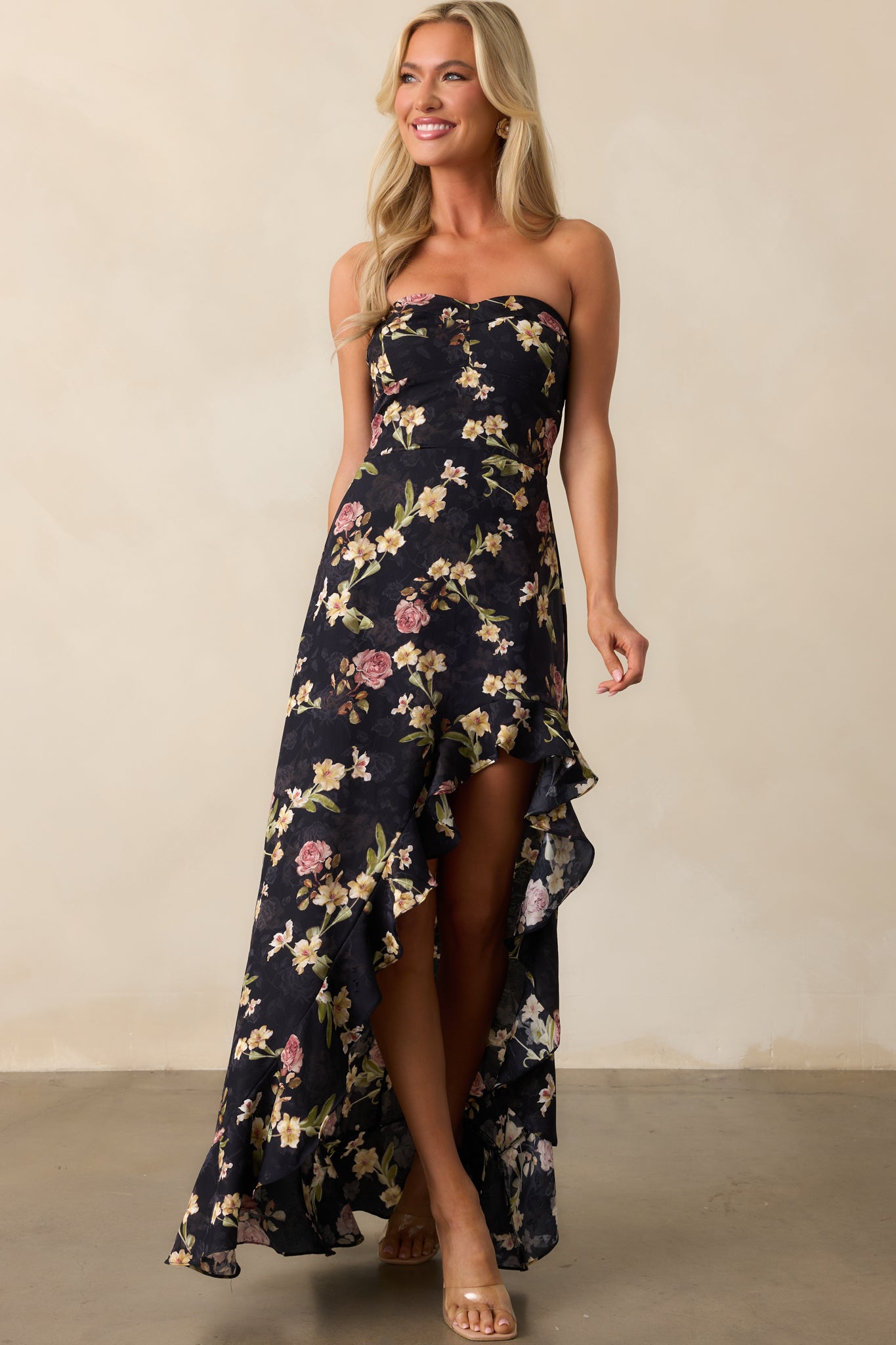 Ever After Deep Navy Floral Jacquard Strapless High Low Dress