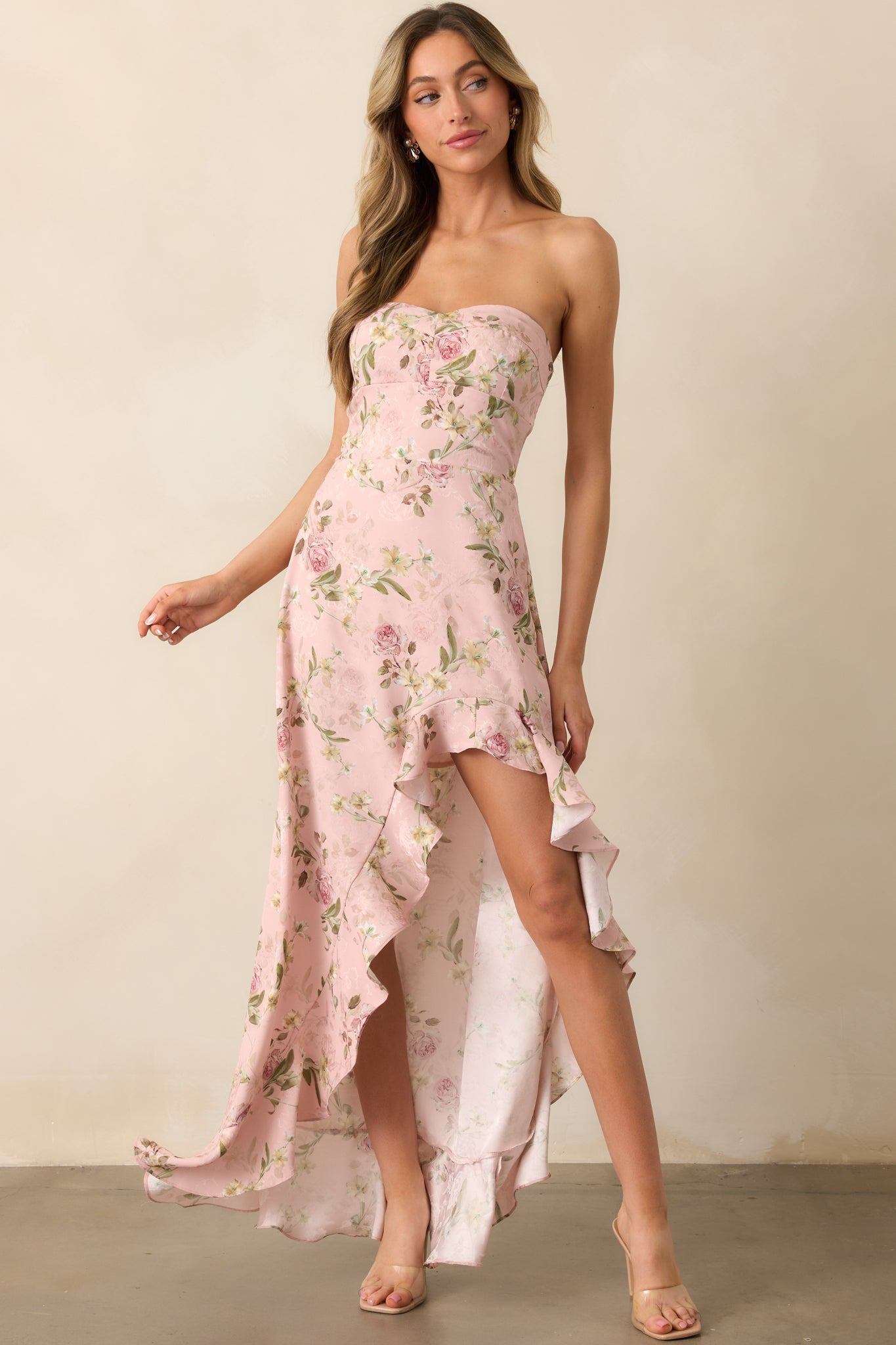 Ever After Light Pink Floral Jacquard Strapless High Low Dress
