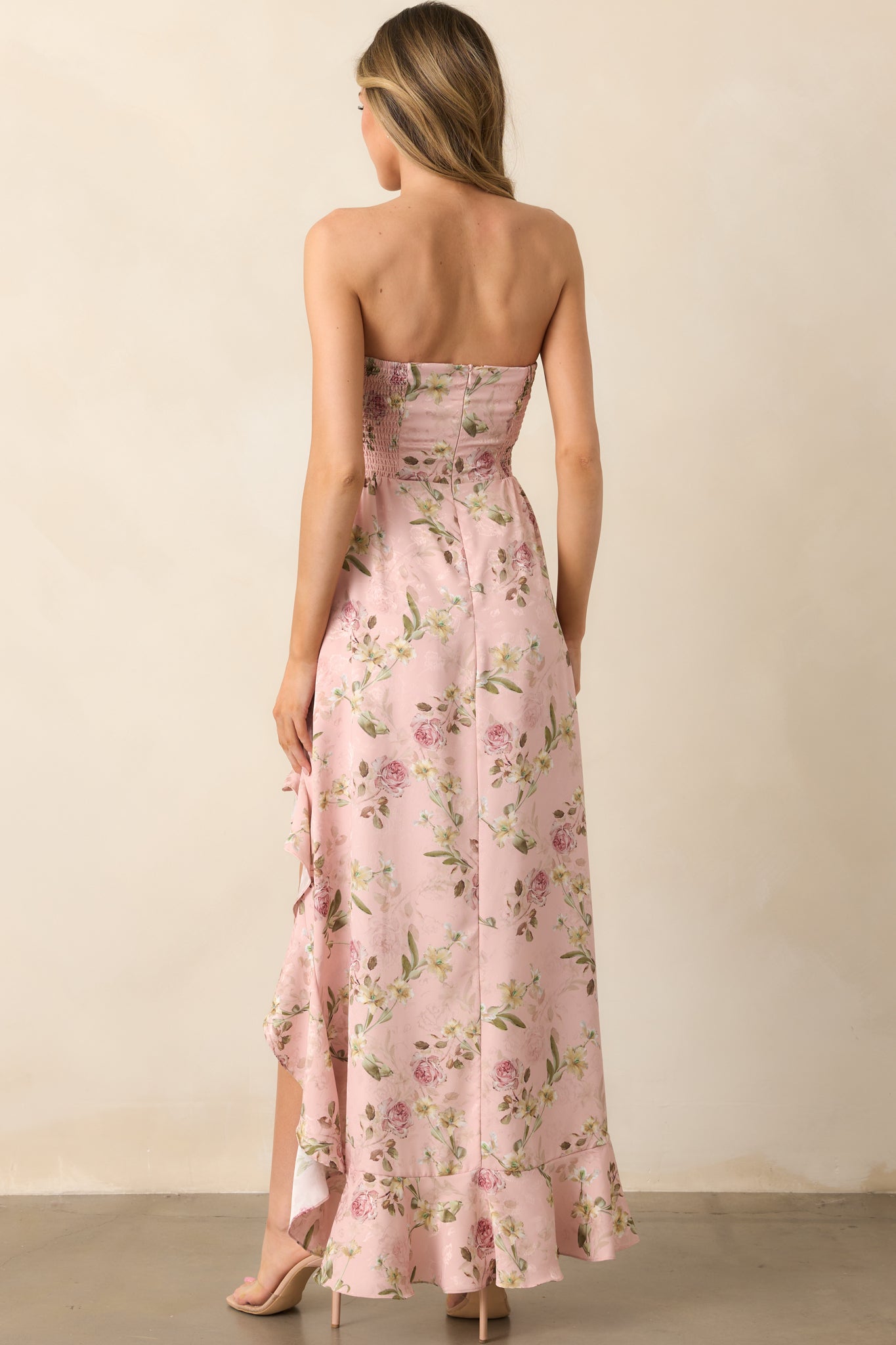 Ever After Light Pink Floral Jacquard Strapless High Low Dress