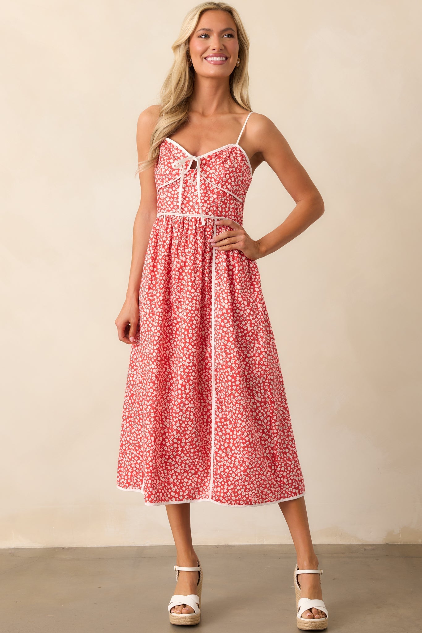 Memories Being Made Red Floral Sleeveless Midi Dress