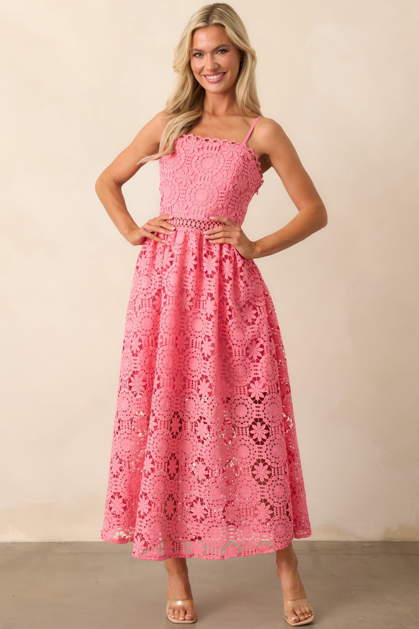 Sweet Moments Pink Coral Floral Embroidered Maxi Dress
