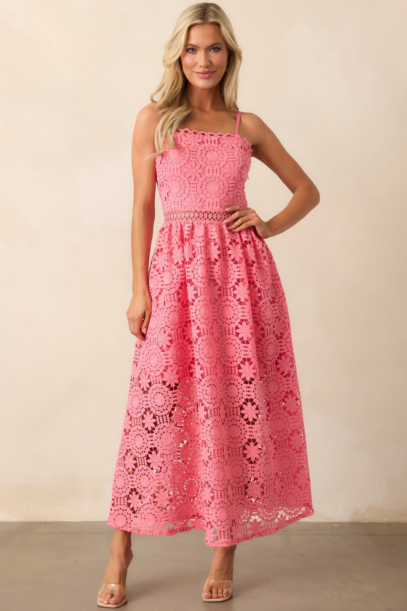 Sweet Moments Pink Coral Floral Embroidered Maxi Dress