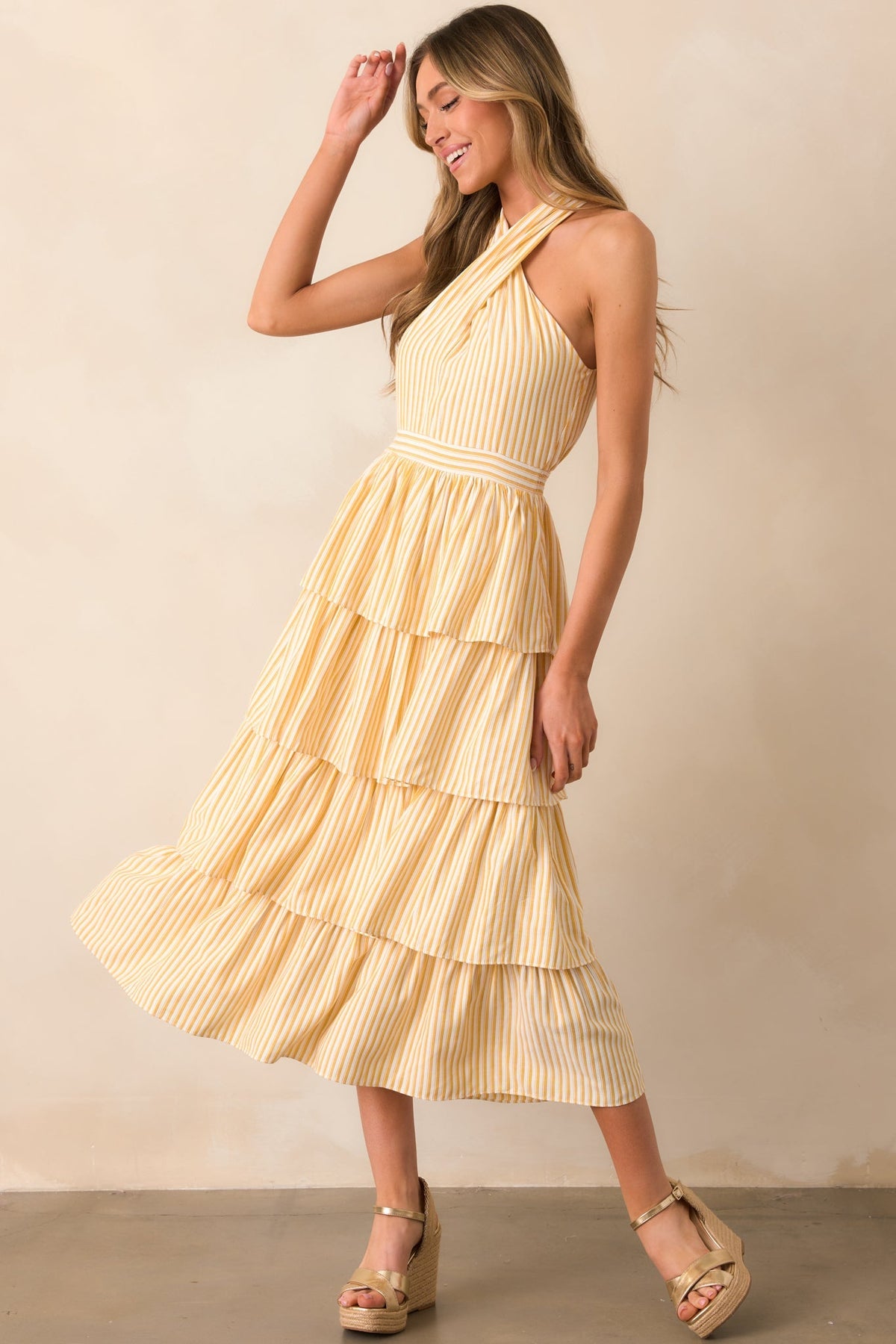 Where I Want To Be Yellow Stripe Tiered Halter Maxi Dress