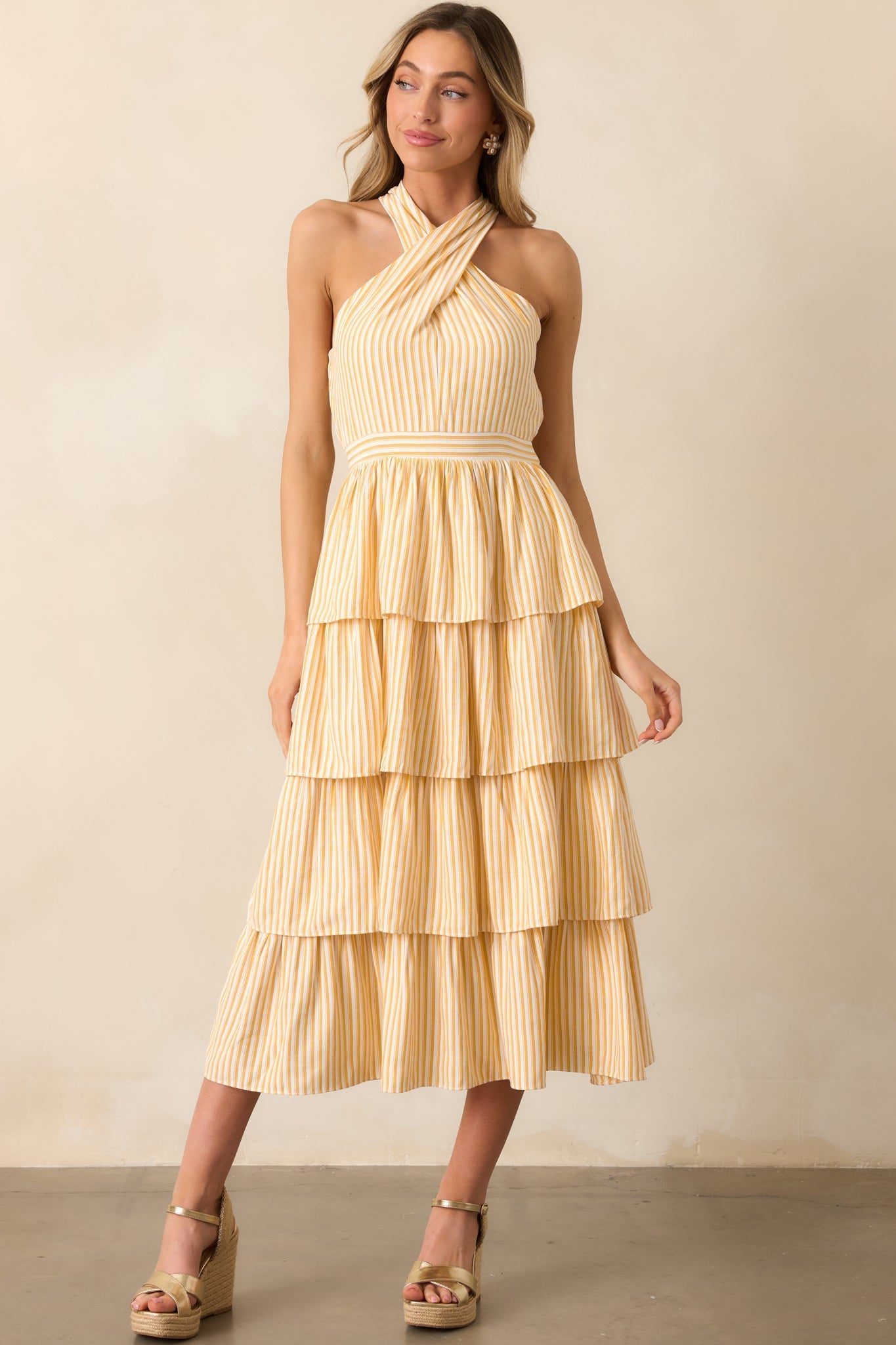 Where I Want To Be Yellow Stripe Tiered Halter Maxi Dress