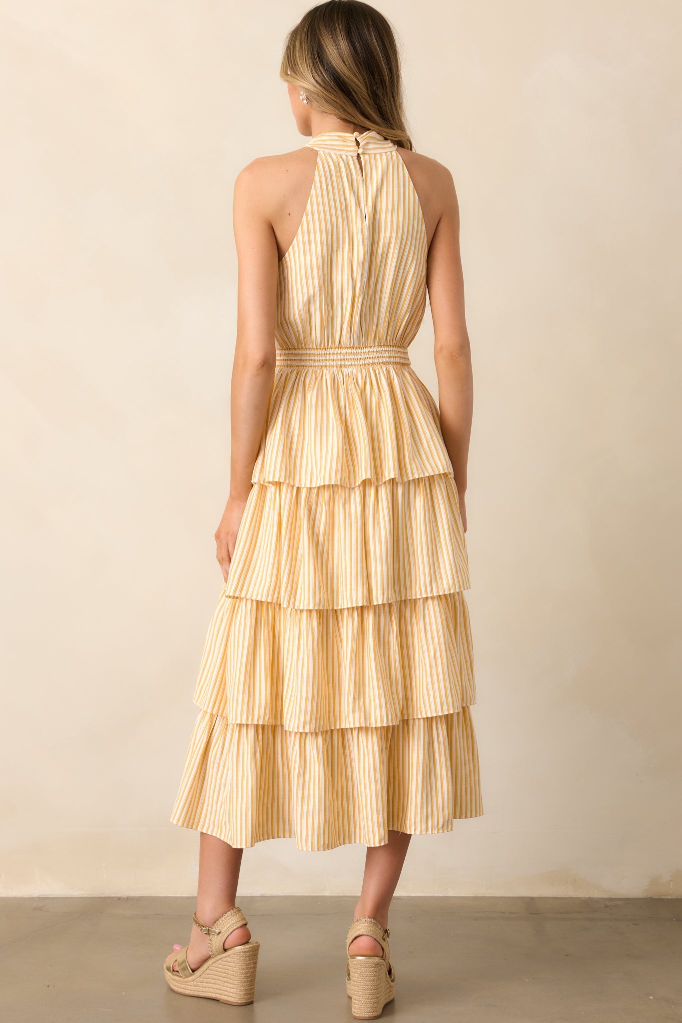 Where I Want To Be Yellow Stripe Tiered Halter Maxi Dress