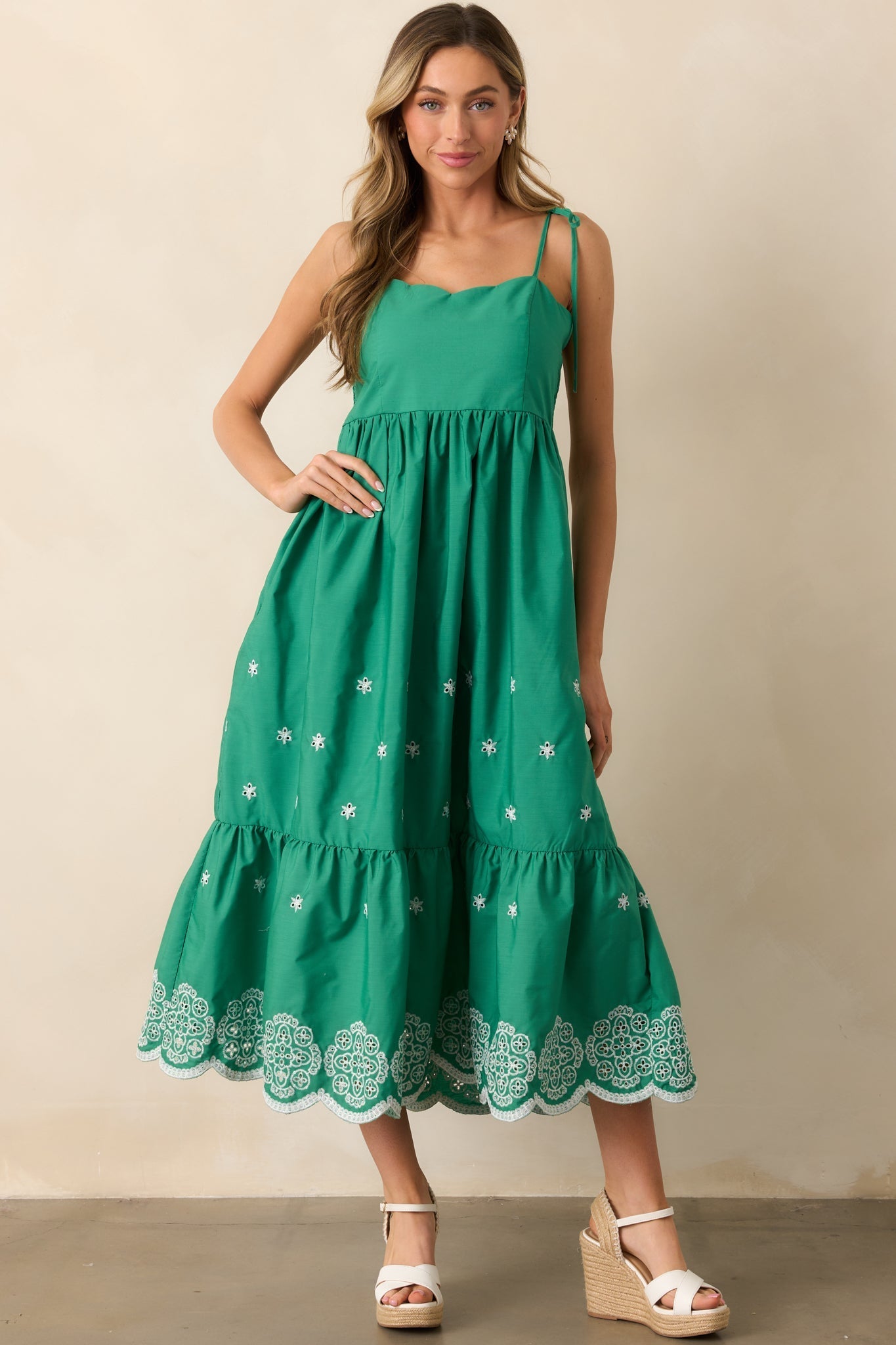Lighthearted Mood Green Embroidered Eyelet Maxi Dress