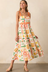 Some Fresh Air Orange Tropical Print Cotton Maxi Dress