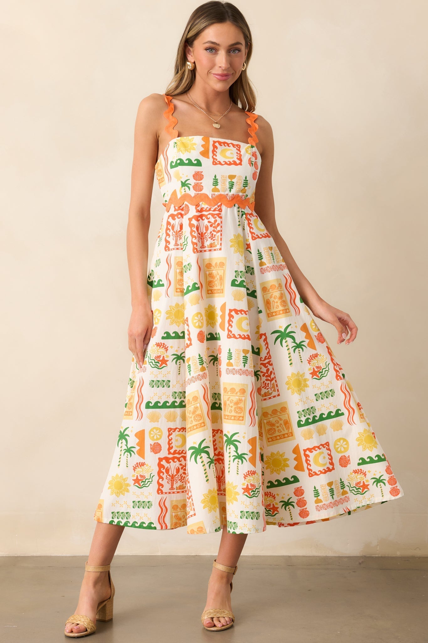 Some Fresh Air Orange Tropical Print Cotton Maxi Dress