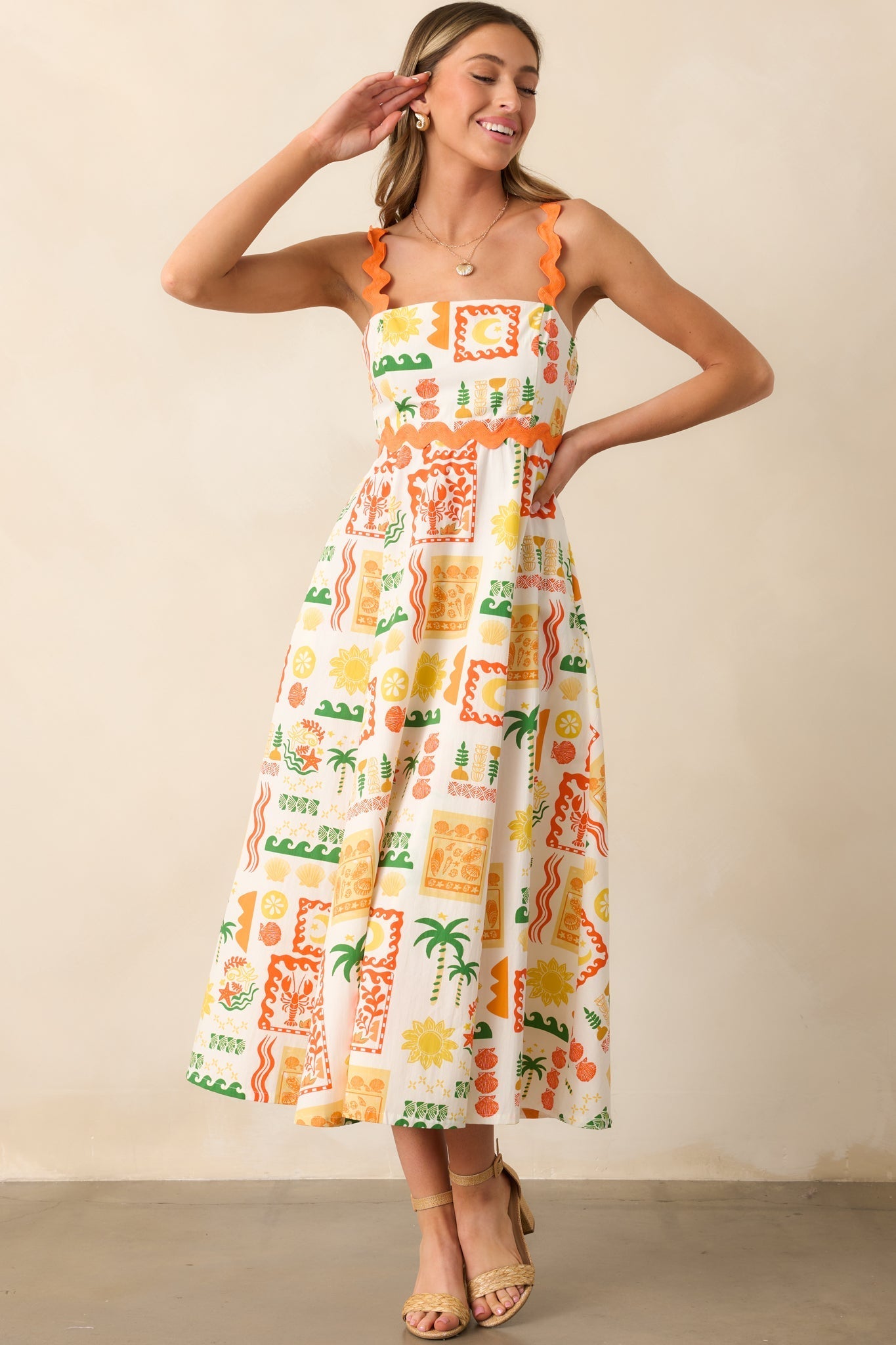 Some Fresh Air Orange Tropical Print Cotton Maxi Dress