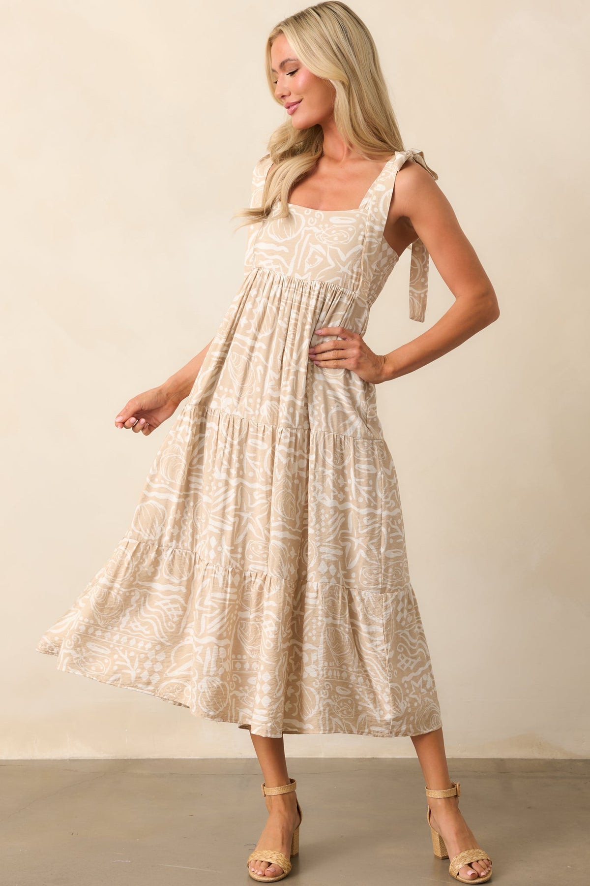 Stay A Little Longer Beige Tropical Print Tiered Midi Dress