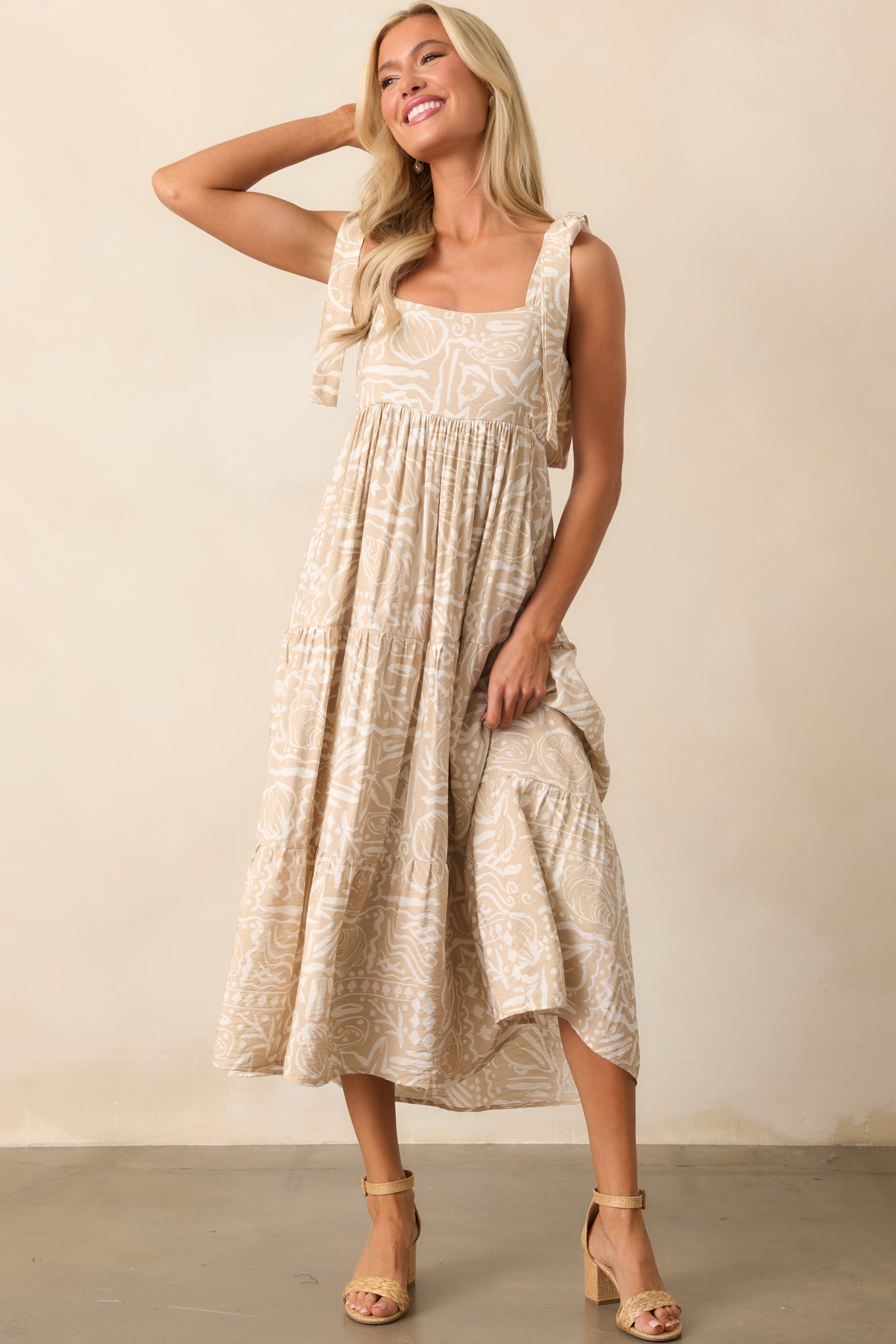 Stay A Little Longer Beige Tropical Print Tiered Midi Dress