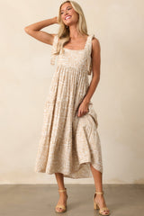 Stay A Little Longer Beige Tropical Print Tiered Midi Dress