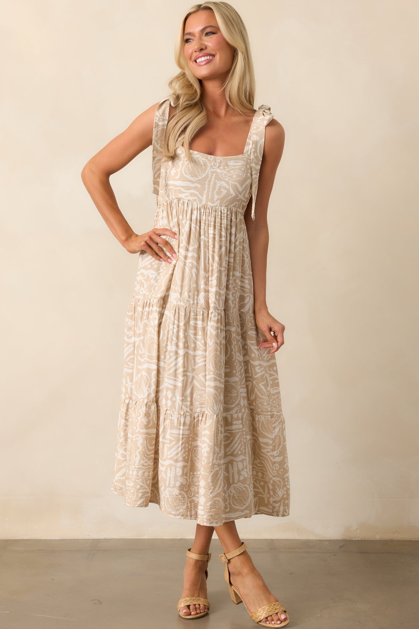 Stay A Little Longer Beige Tropical Print Tiered Midi Dress