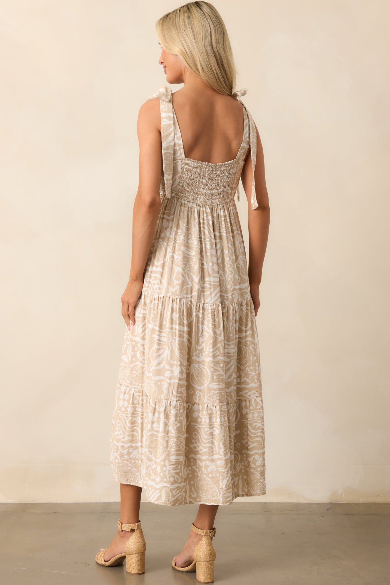 Stay A Little Longer Beige Tropical Print Tiered Midi Dress