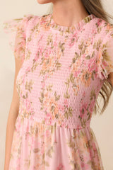 Sunrise Soiree Pink Floral Flutter Sleeve Midi Dress