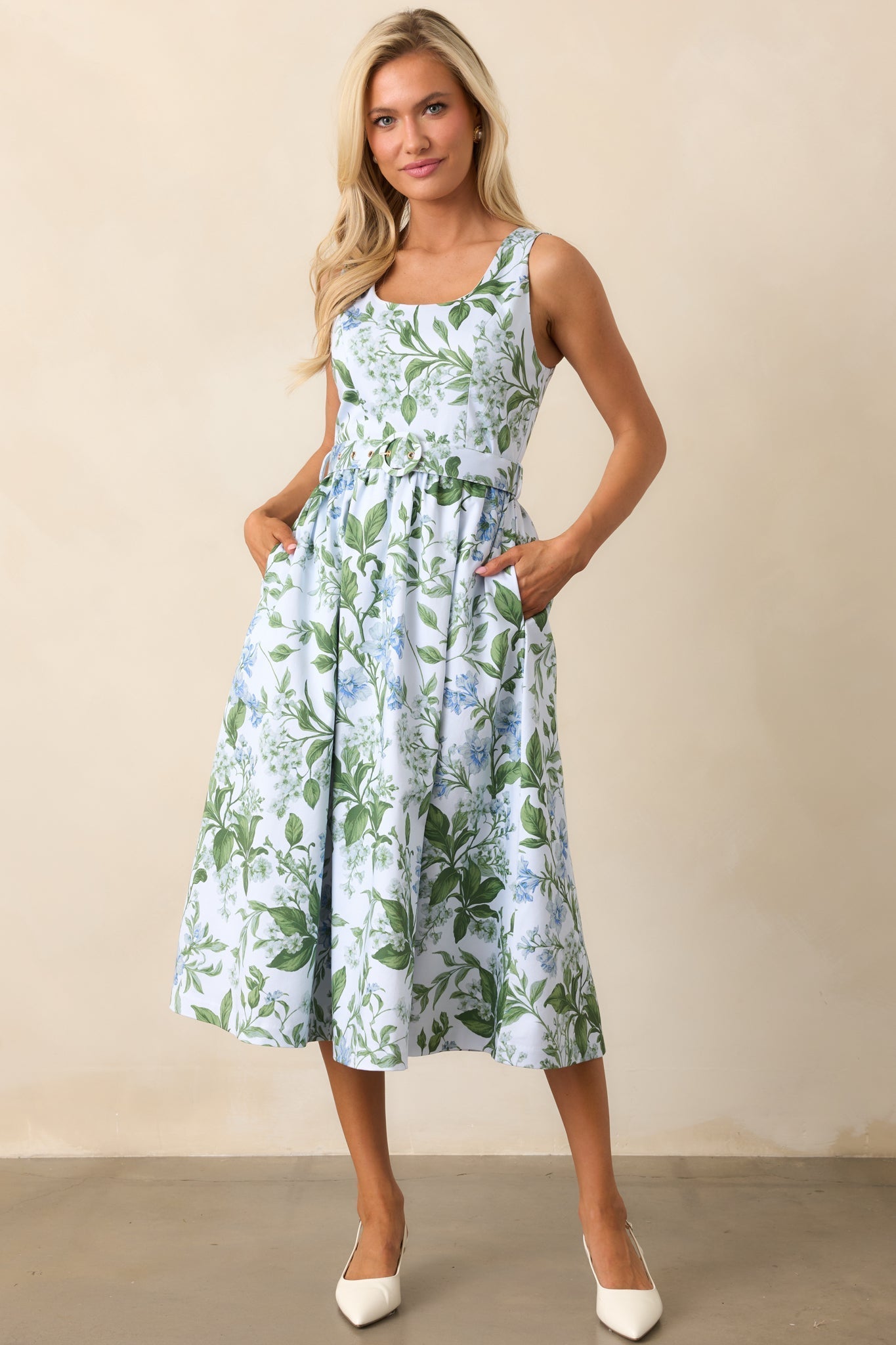 Ava Blue Lilacs Botanical Print Cotton Belted Midi Dress