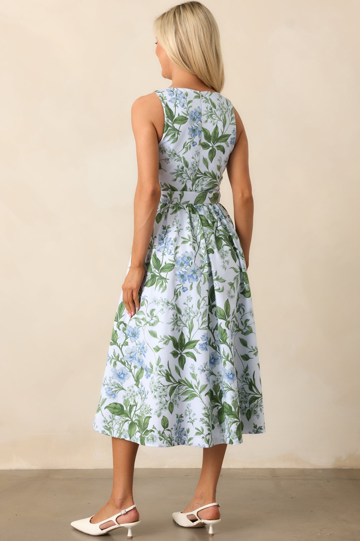 Ava Blue Lilacs Botanical Print Cotton Belted Midi Dress